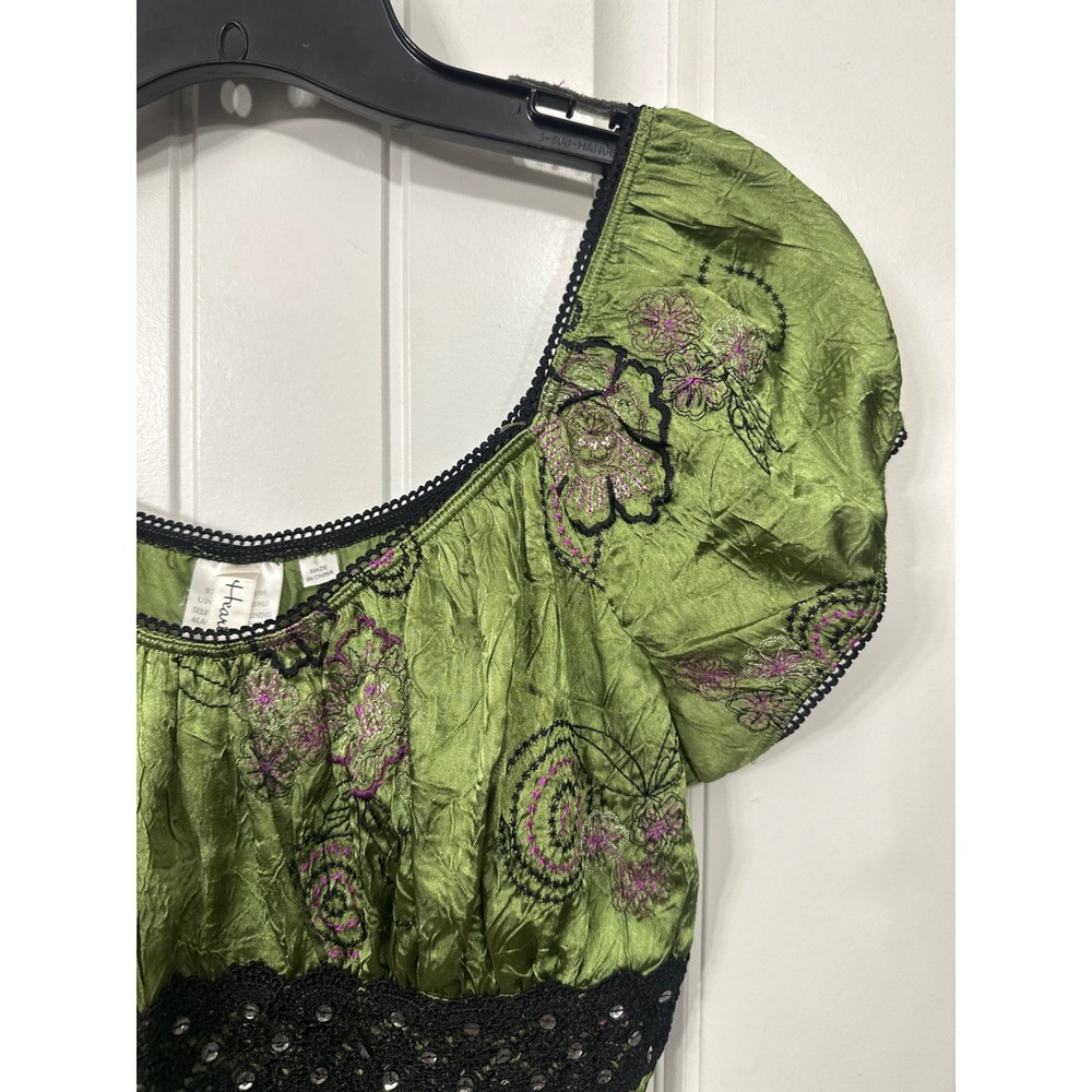 Y2K Heart Soul Green Floral Embroidered Sequin Lace Empire Waist Top Boho Fairy - Picture 3 of 9